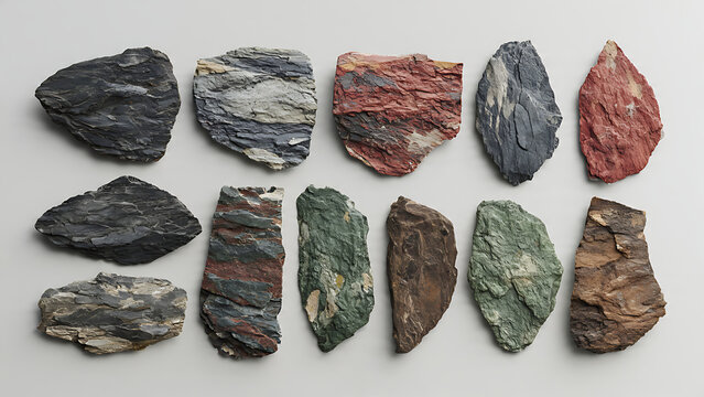 Collection of Various Colorful Shale Rock Specimens on Plain Surface