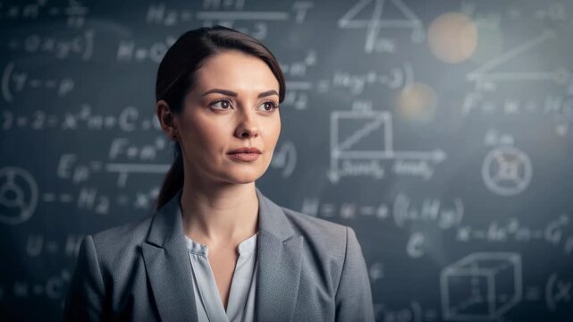 Confident female teacher standing in front of chalkboard with math formulas in classroom
