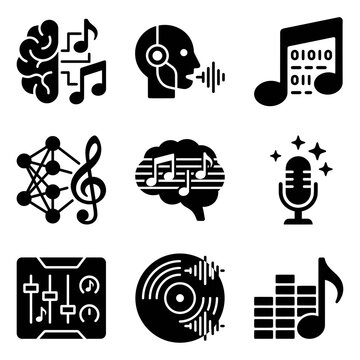 Collection of Music and Sound Icons in Black Silhouette Style.