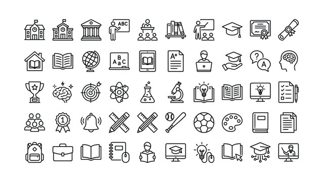 Modern school university education learning and study concept line icons vector illustration set