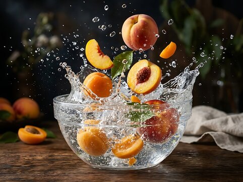 Fresh Peaches and Apricots Splashing into Clear Water in a Glass Bowl.