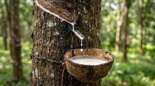 Natural rubber latex dripping into coconut shell. Raw rubber harvesting from tree trunk.