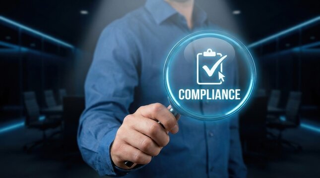 Compliance concept with a man using a magnifying glass on a digital interface