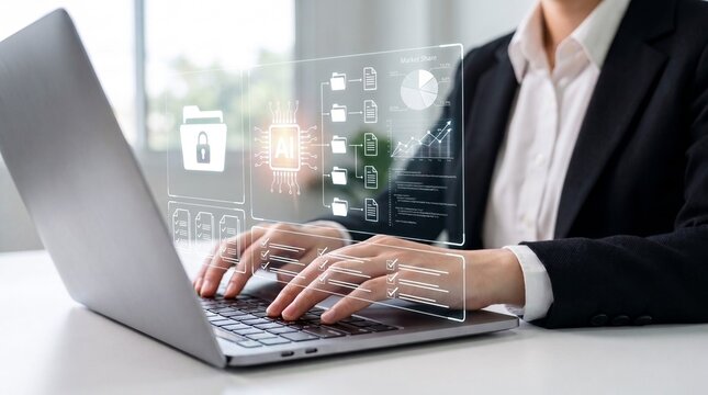 ai document management and secure file storage concept. professional typing on laptop with virtual ai interface for automated document organization, folder encryption, and digital record keeping