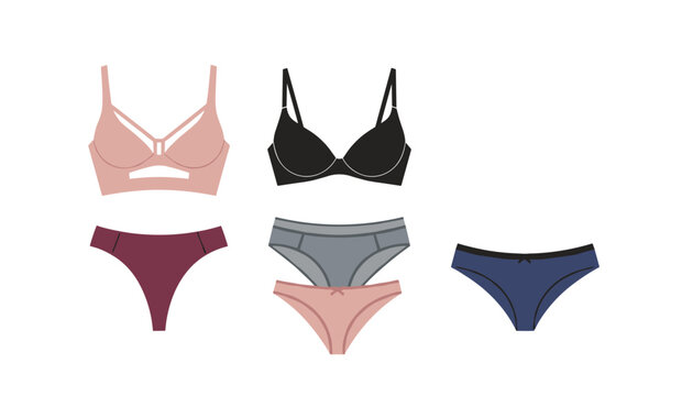 Collection of stylish women lingerie and comfortable underwear including colorful bras and panties, vector illustration.