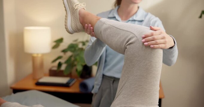 Hands, knee injury physiotherapy and with people in clinic together for assessment or examination. Healthcare, inflammation and rehabilitation with chiropractor checking patient in orthopedic office