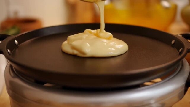 Creamy batter being poured onto a hot griddle in a kitchen setting, showcasing the smooth texture and gradual spreading of the mixture across the surface