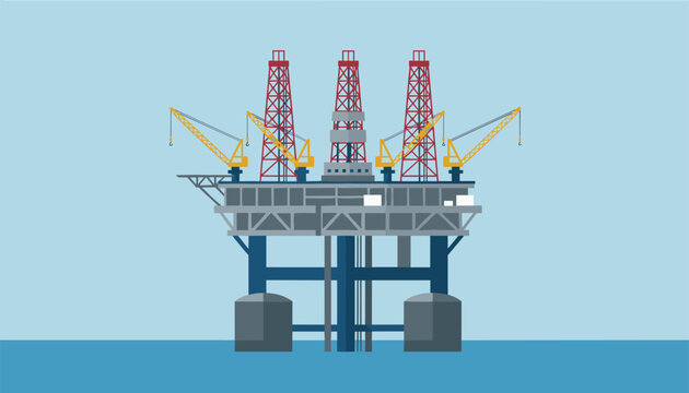 Offshore oil drilling rig platform standing in the middle of a calm blue ocean, industrial engineering vector design.