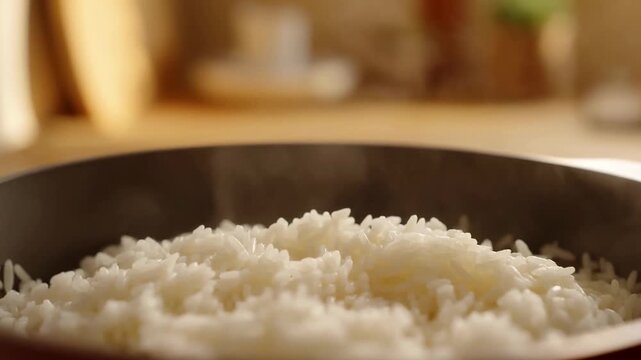 Steaming white rice in a pot on a wooden kitchen countertop with blurred background elements including a cup and plant visible in the scene