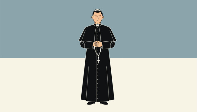 Catholic priest standing in a black cassock holding a silver rosary with his hands folded in prayer over a dual color background.