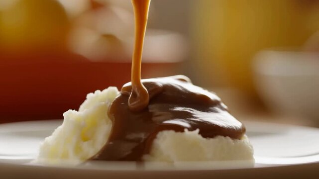 Creamy mashed potatoes topped with rich brown gravy as it flows smoothly from a spoon in a warm, inviting kitchen setting with soft lighting