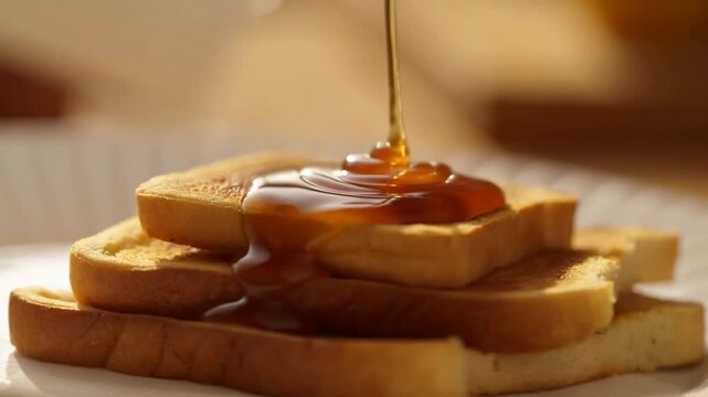 Golden syrup drizzles over stacked slices of toasted bread on a white plate, highlighting the rich texture and shine of the syrup in a warm kitchen setting