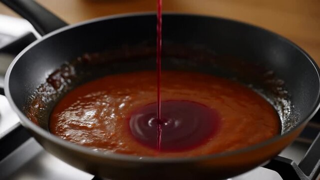 Liquid red sauce is poured into a frying pan containing a thick brown sauce, creating a swirling effect as it mixes with the existing sauce in a kitchen setting