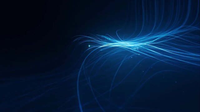 Technology finance abstract blue light flow digital network data stream innovation cyber wave background with light trail dark background, glowing future mood, blue light streak, digital network flow