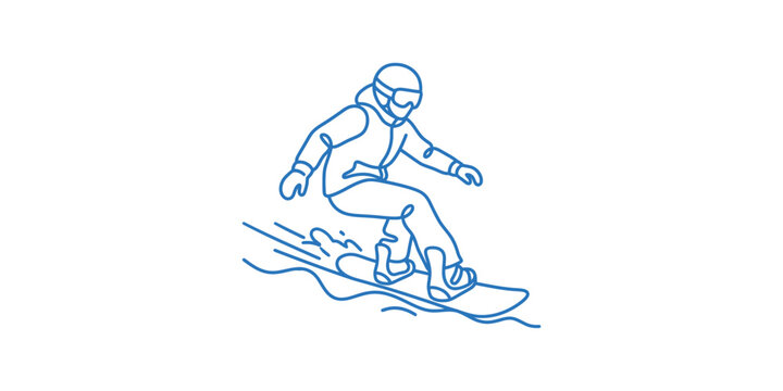 Continuous line art illustration of a person snowboarding down a mountain.