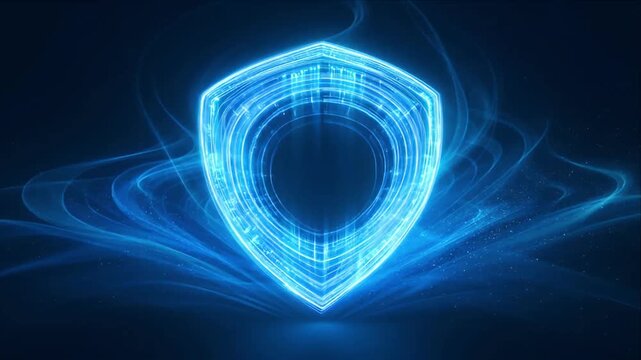 Technology Finance Shield Security Cyber Digital Blue Glowing Abstract Protection Data Network Internet Privacy Defense Icon Emblem Symbol Futuristic Neon Energy Light Swirl Motion Loop Line Curve