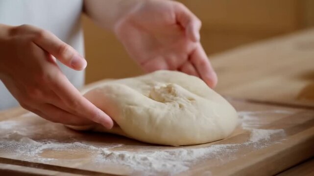 Hands of a person kneading dough on a wooden surface, flour scattered around, showcasing the process of preparing bread in a cozy kitchen environment