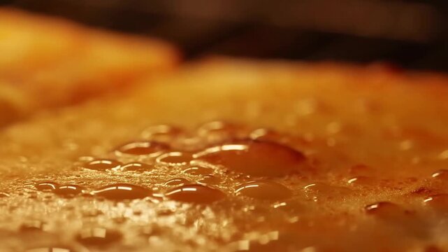 Close-up of cooking pancakes in a frying pan, showing batter bubbling and browning on the surface, with a warm kitchen atmosphere and grill visible in the background