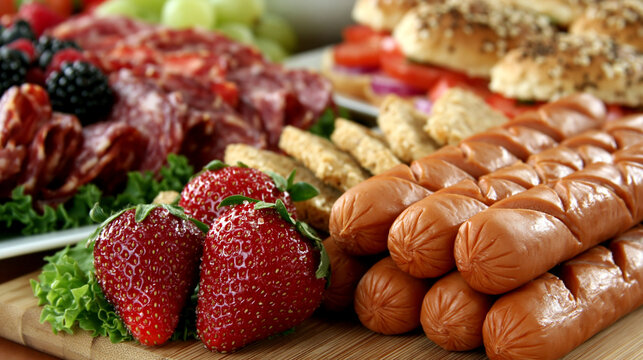 Charcuterie platter with sausages strawberries and mixed cold cuts, charcuterie