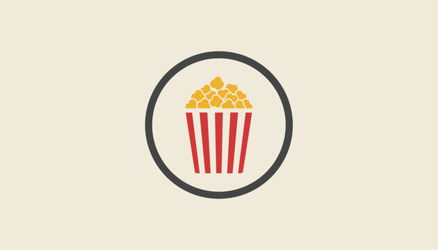Minimalist popcorn container icon in a red and white striped box enclosed in a dark gray circular frame.