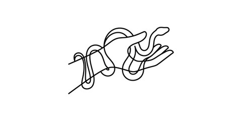 Fototapeta premium Continuous line art illustration of a snake wrapping around a human hand.