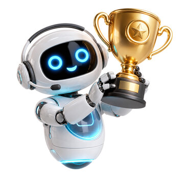 Cute 3D AI Robot Assistant Wearing Headset Holding Golden Trophy Cup, Success and Winning Achievement Concept Isolated on Transparent Background PNG