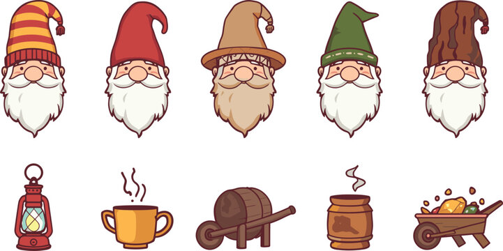 Cute Garden Gnome Avatar Set and Cozy Autumn Vector Icons Pack Featuring Beard Dwarfs Lantern Wheelbarrow Barrel and Hot Drink Mug