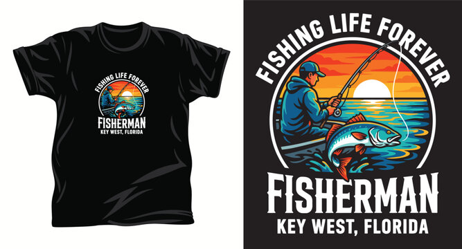 Fishing life forever emblem with fisherman catching fish in boat at sunset.