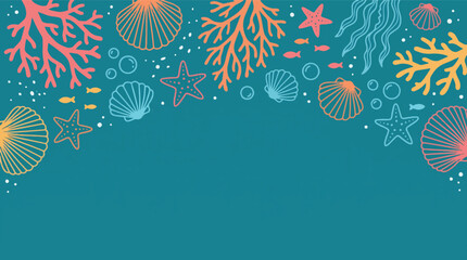 Colorful Underwater Marine Life Border Background with Coral Reefs, Seashells, Starfish, Fish and Ocean Copy Space Vector Design, Beautiful Seashells Small Starfish Scattered, Playful Summer Ocean. © MasterTech
