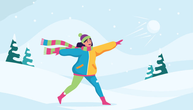 Young girl in a vibrant winter jacket and scarf playfully throws a snowball in a serene snowy forest landscape under falling snow.
