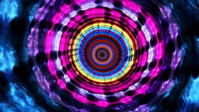 Abstract centered tunnel with concentric neon rings and swirling magenta blue cyan gold bands, soft fur like texture, strong radial blur, vivid symmetry and glossy glow
