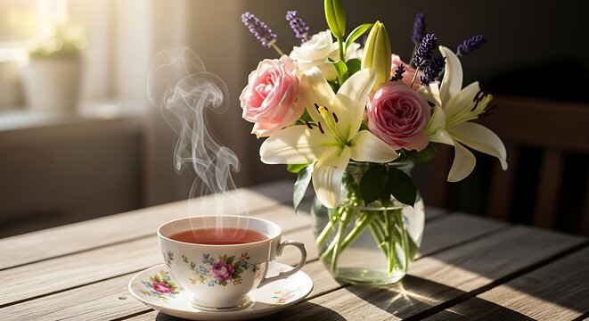 Elegant Floral Arrangement with Hot Beverage on Wooden Table.