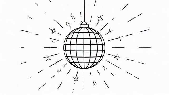 Hand-drawn disco ball illustration with shining stars and radiant light effects on white background