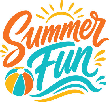 Summer Fun Hand Lettering Typography with Beach Ball and Ocean Waves Vector Illustration