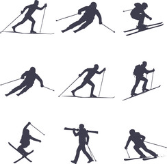 Naklejka premium Skiing silhouettes collection dark vector illustration on a white background