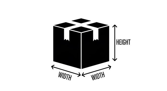 Black icon of a cardboard box with dimensions for shipping and logistics