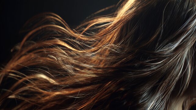 Flowing dark hair moving in the wind on a black background with generous copy space. Elegant silky strands create a luxurious beauty concept with dramatic contrast and motion.