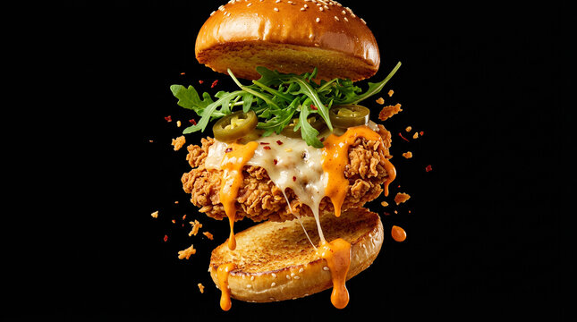 Exploding Spicy Crispy Chicken Burger with Melted Cheese
