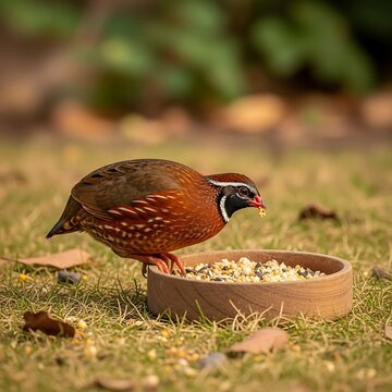 Close-Up of Bird Eating Seeds on Ground.