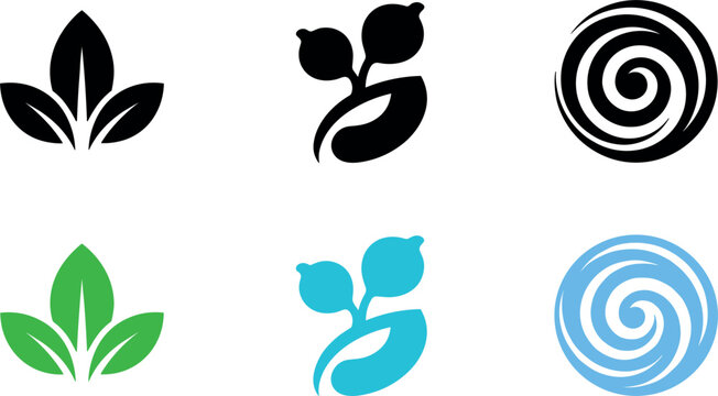 Minimalist Eco Friendly Logo Icon Set with Natural Green Leaves Seed Sprout and Water Vortex Elements for Business Branding Designs