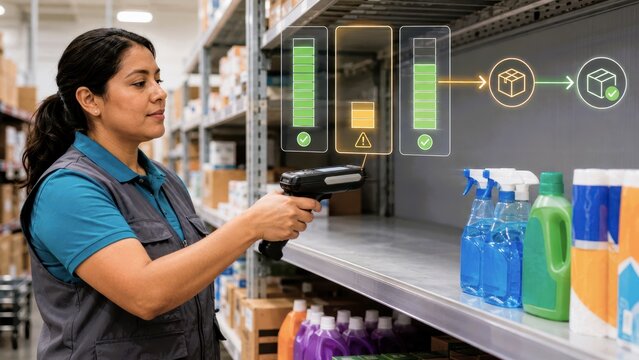 Warehouse worker scanning shelf inventory with ai for business