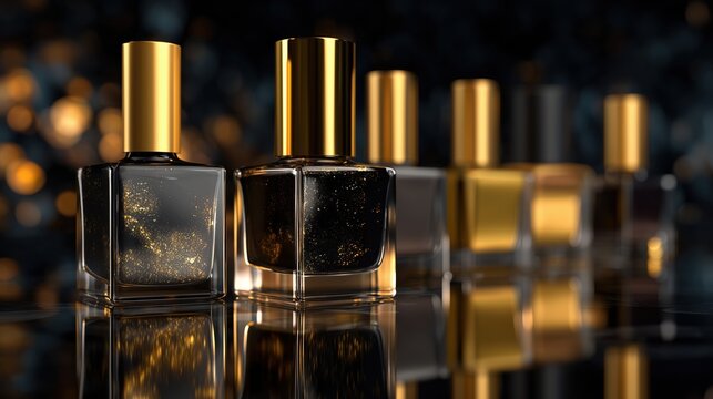 Luxury nail branding background featuring glossy nail polish bottles on a dark elegant backdrop with gold accents. Premium composition with copy space for beauty advertising.