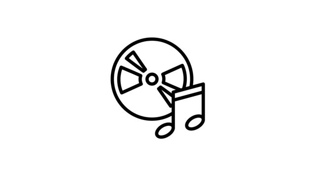 Disk and notes music animated icon for musical, song, melody, sound, audio, vinyl, record, disco, entertainment media, dj, concert, harmony, rhythm, beat. 4K video with alpha channel
