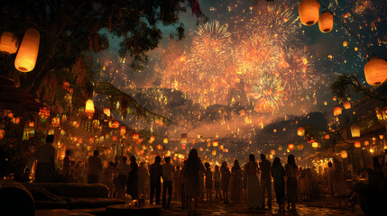 Obraz premium People releasing floating lanterns at night festival
