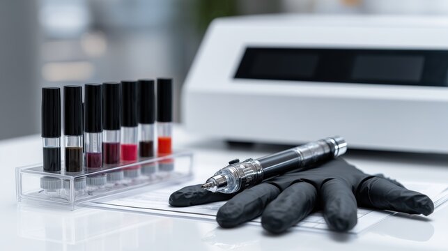 Professional permanent makeup device for lips with pigment cartridges and black latex gloves on a light minimalist background. Sterile beauty clinic composition with copy space.