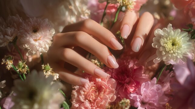 Beauty composition with elegant female hands, manicure tools, and fresh flowers in soft pastel tones. Natural light creates a romantic, luxurious beauty salon atmosphere with copy space.