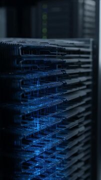 Server cooling vent closeup blue light data center rack metal grille airflow technology hardware network ventilation security storage cloud infrastructure dark interior equipment detail center stack