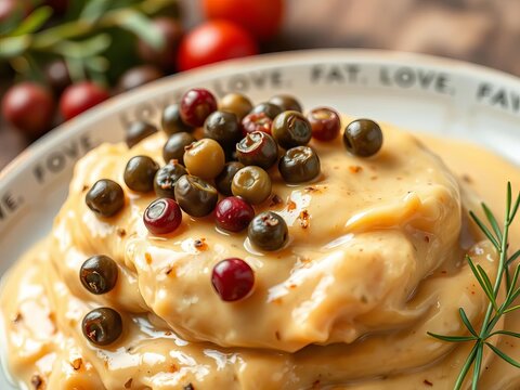 Tiny caper berries sprinkled on top of a creamy sauce, seafood, Italian-American cuisine