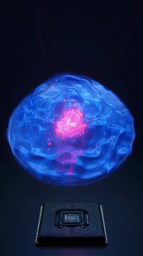 Cybersecurity abstract digital sphere with glowing blue and pink light over microchip dark background, glass sphere above circuit board with red light points, futuristic blue light computer chip dark