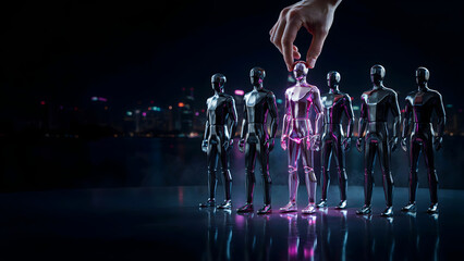 Obraz premium Conceptual Hand Selecting a Unique Glowing Metallic Figure from a Group in a Futuristic City